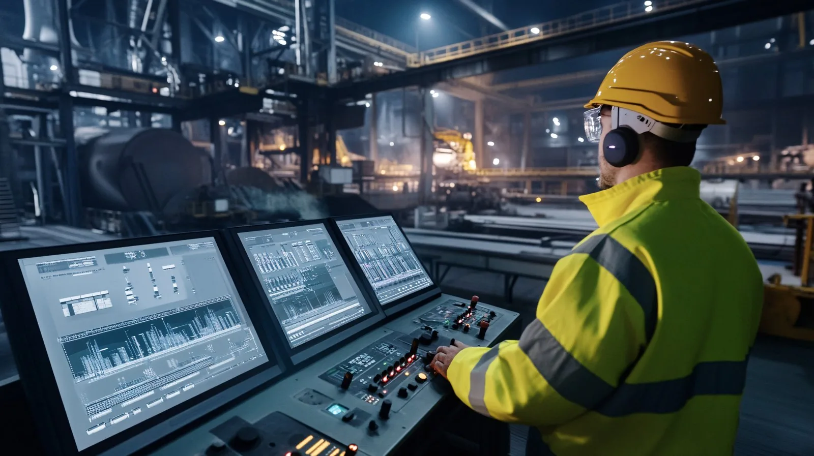 Mitarbeiter mit Helm und Headset an einem Steuerpult in einer Industriehalle