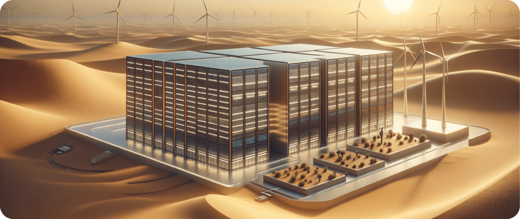 Visualisierung eines modernen Rechenzentrums in einer Wüstenlandschaft mit Solarpanels und Windturbinen.