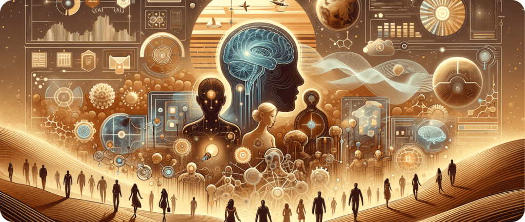 Illustration mehrerer menschlicher Silhouetten vor einem komplexen Netzwerk aus neuronalen Verbindungen und futuristischen KI-Symbolen.