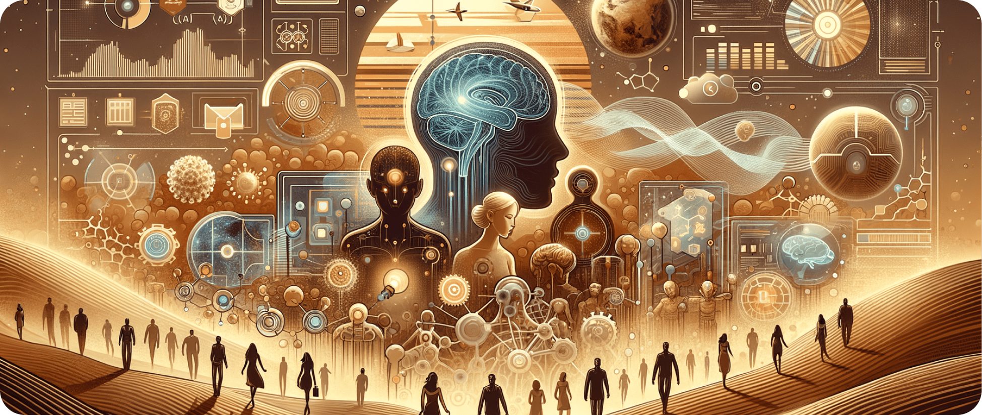 Illustration mehrerer menschlicher Silhouetten vor einem komplexen Netzwerk aus neuronalen Verbindungen und futuristischen KI-Symbolen.