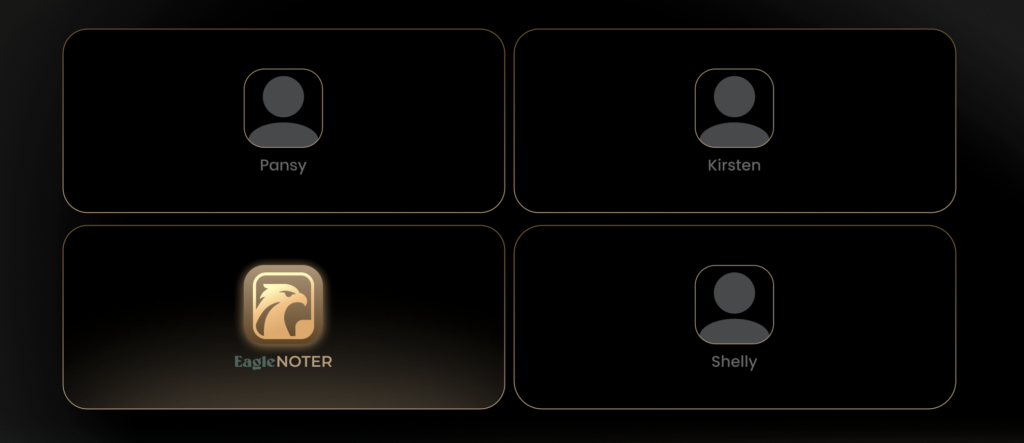 Grafik eines Notiz- und Personenraster-Layouts mit EagleNOTER Icon, stellvertretend für KI-basierte Meeting-Notizen und Aufgabenverteilung.
