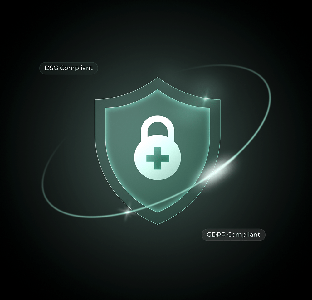 Schweizer Datenschutz-Icon mit Schlosssymbol, das DSG und DSGVO-Konformität darstellt.