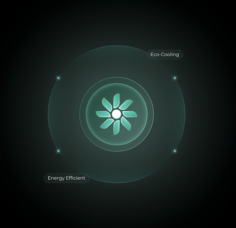 Green-Tech-Kühlungsicon mit stilisiertem Lüfter für energieeffizientes Rechenzentrum.