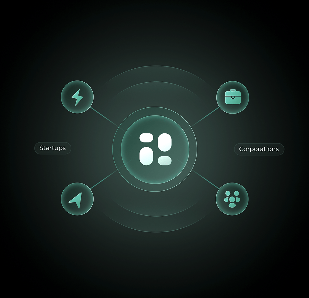 Flexibilitäts-Icon mit vernetzten Symbolen für Start-ups und grosse Unternehmen.