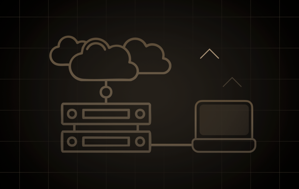 Grafik einer Cloud-Infrastruktur mit Servern und verbundenem Computer als Darstellung skalierbarer KI-Rechenleistung.
